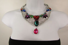 Silver Metal Choker Colorful Multi Big Rhinestones Alloy Charm Bib Necklace Earrings Set