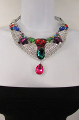 Silver Metal Choker Colorful Multi Big Rhinestones Alloy Charm Bib Necklace Earrings Set