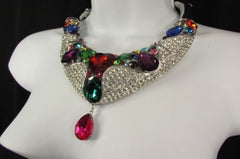 Silver Metal Choker Colorful Multi Big Rhinestones Alloy Charm Bib Necklace Earrings Set