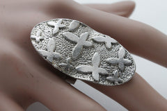 Silver Metal Cross Flowers Long Oval Shape Ring Fashionable Elegant Jewelry