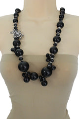 Silver Metal Flower Charm Big Black Gray Imitation Pearl Bead Long Necklace