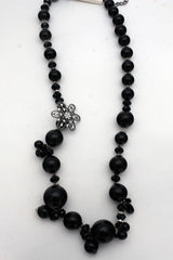 Silver Metal Flower Charm Big Black Gray Imitation Pearl Bead Long Necklace