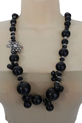 Silver Metal Flower Charm Big Black Gray Imitation Pearl Bead Long Necklace