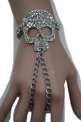 Silver Metal Hand Chain Bracelet Skeleton Skull Charm Halloween