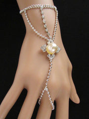 Silver Metal Hand Chain Bracelet Imitation Pearl Cream Beads