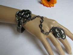 Silver Metal Hand Chain Bracelet Rhinestones Beads Flower