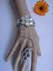 Silver Metal Hand Chain Bracelet Rhinestones Beads Flower
