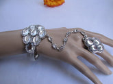 Silver Metal Hand Chain Bracelet Rhinestones Beads Flower