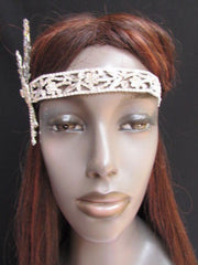Silver Metal Head Chain Long Leaves Rhinestones Jewelry Hair
