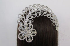 Silver Metal Head Pin Long Big Flower Leaves Rhinestone