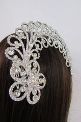 Silver Metal Head Pin Long Big Flower Leaves Rhinestone