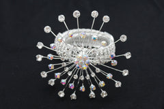 Silver Metal High Upper Arm Cuff Bracelet Rhinestones Fancy Flower