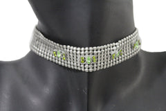 Silver Metal Neck Narrow Choker Necklace Pink Blue Green Butterfly