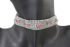 Silver Metal Neck Narrow Choker Necklace Pink Blue Green Butterfly