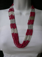 Silver Metal Red Silver Beads Chic 12" Drop Necklace African Style
