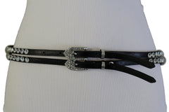 Silver Metal Western Skinny Black Belt Bow Double Bling Buckle