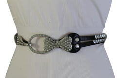 Silver Metal Western Skinny Black Belt Bow Double Bling Buckle