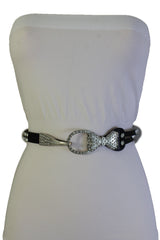 Silver Metal Western Skinny Black Belt Bow Double Bling Buckle