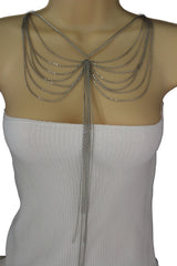 Silver Metal Wide Chain Wave Neck Back Front Long Necklace