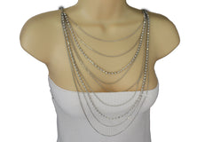 Silver Metal Wide Chain Wave Neck Back Front Long Necklace