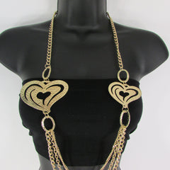 Silver Or Gold Metal Chains Multi Strands 2 Thin Hearts Long Necklace
