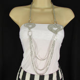 Silver Or Gold Metal Chains Multi Strands 2 Thin Hearts Long Necklace
