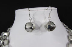 Silver Chain Plastic Beads 3 Strands 20" Long Shiny Necklace Earring