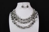 Silver Chain Plastic Beads 3 Strands 20" Long Shiny Necklace Earring