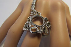 Gold Silver Wide Metal Hand Chain Cuff Bracelet Rain Drops Oval Multi Rhinestones