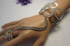 Gold Silver Wide Metal Hand Chain Cuff Bracelet Rain Drops Oval Multi Rhinestones