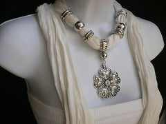 Blue Light Blue Black Dark Brown Light Pink Coral White Soft Scarf Necklace Heart Flower Silver Pendant New Women Fashion 6 Different Colors - alwaystyle4you - 1