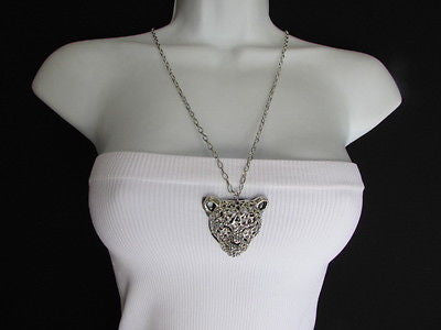 Ny Chic Women Silver Black Leopard Necklace Tiger Head Pendant Rhinestones Long - alwaystyle4you - 1