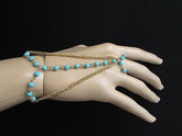 Women Gold Fashion 3 Strands Hand Chains Sky Blue Beads Hand Bracelet Slave Ring - alwaystyle4you - 5