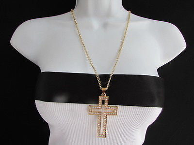 Wester Women Gold Metal Fashion Necklace Big Cross Pendant Silver Rhinestones 15 - alwaystyle4you - 1