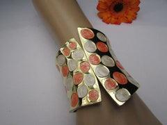 Gold Metal Wide Cuff Bracelet Claws White Peach Polka Dots New Women Fashion Jewelry Accessories - alwaystyle4you - 4