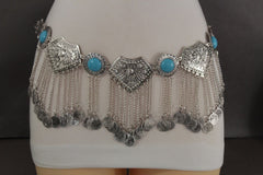 Silver Metal Chains Blue Beads Multi Coins Belt Ethnic Moroccan S M