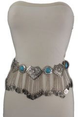 Silver Metal Chains Blue Beads Multi Coins Belt Ethnic Moroccan S M