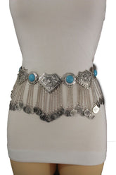Silver Metal Chains Blue Beads Multi Coins Belt Ethnic Moroccan S M