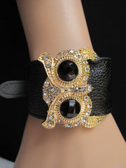 Aqua Blue / Pink / Light Pink / Black Faux Leather Strap Nude Bracelet Gold Metal Owl Head Black Rhinestone Fashion New Women Jewelry Accessories - alwaystyle4you - 35