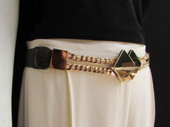 Gray / White / Black Waist Hip Stretch Back Belt Gold Chains Squares Metal Buckle New Women Fashion Accessories Size S M L - alwaystyle4you - 3