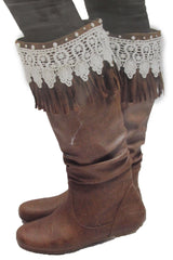 Brown Faux Leather Long Fringes Knee High Lace Boot Toppers Boho