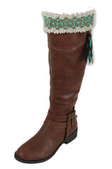 White Winter Boot Toppers Turquoise Blue Gold Bead Knee High Tassel Lace Women Western