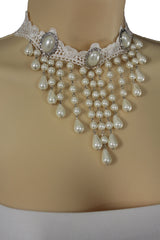 White Lace Fabric Goth Choker Necklace Cream Imitation Pearl Beads