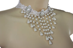 White Lace Fabric Goth Choker Necklace Cream Imitation Pearl Beads