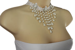 White Lace Fabric Goth Choker Necklace Cream Imitation Pearl Beads