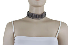 Women Antique Silver Metal Set Choker Short Necklace Black Beads