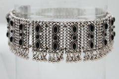 Women Antique Silver Metal Set Choker Short Necklace Black Beads