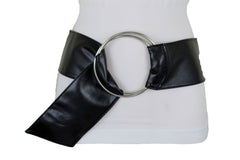 Women Black Fabric Fashion Belt Big Silver Metal Ring Charm Buckle Size S M L