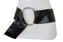 Women Black Fabric Fashion Belt Big Silver Metal Ring Charm Buckle Size S M L
