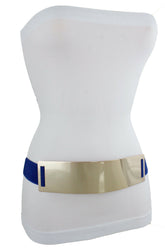Women Blue Waistband Elastic Fashion Belt Gold Metal Plate Buckle Hip Waist Size S M